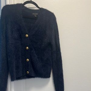 Navy blue cardigan with gold buttons, fuzzy and soft!